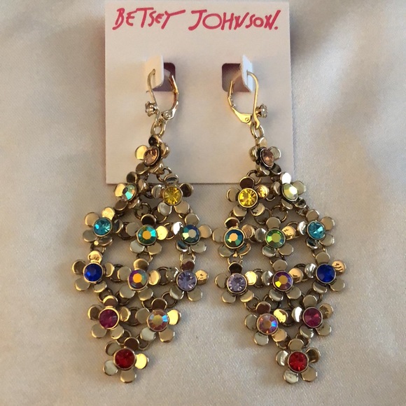Betsey Johnson Gold Tone Flower Fest Chandelier Drop Earrings Crystal Accent NWT - Picture 6 of 12